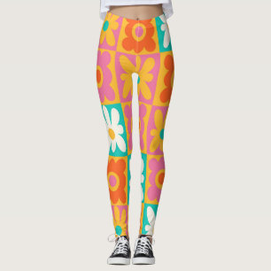 Legging Padrão Floral Xadrez Colorido Groovy Retro 70s