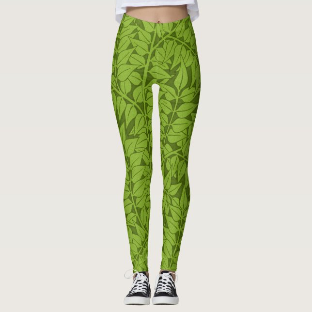 Legging Padrão Folha Verde do Galho de William Morris Vint (Frente)