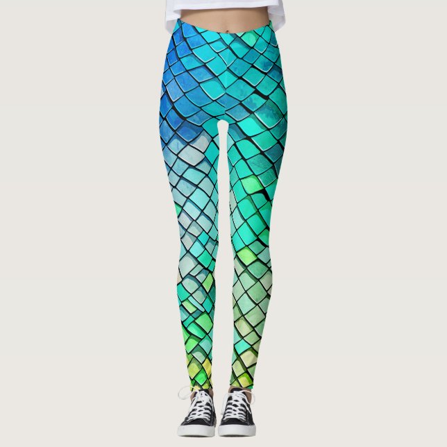 Legging Padrão Geométrico Abstrato Azul Divertido de Escam (Frente)