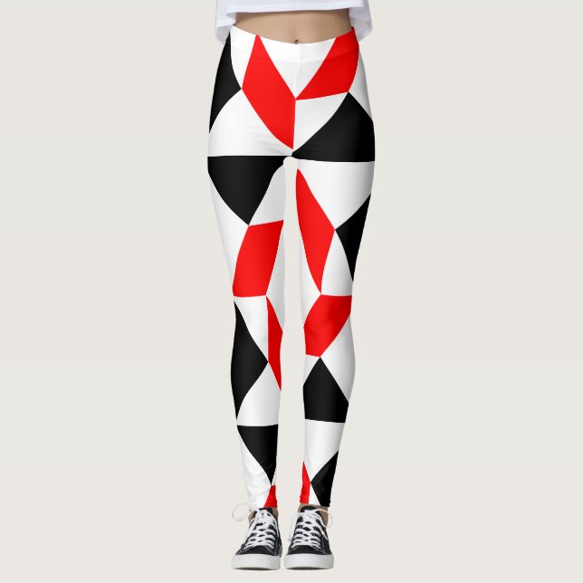 Legging Padrão geométrico abstrato branco vermelho preto (Frente)