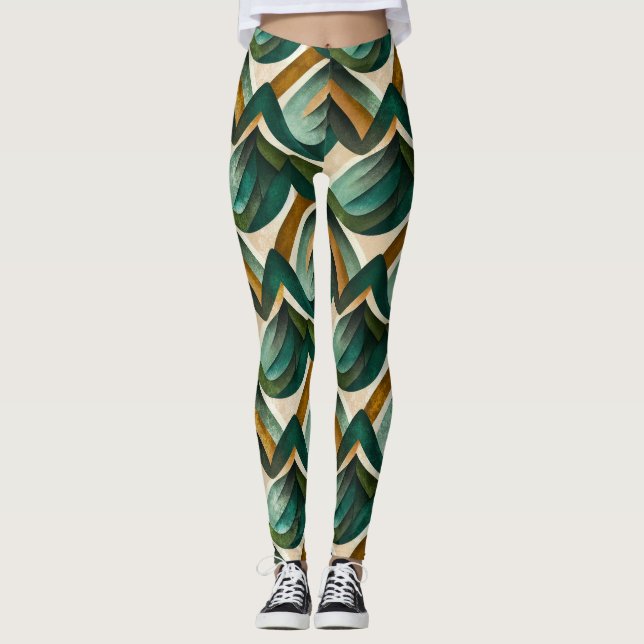 Legging Padrão Geométrico Abstrato Dourado em Azul Turques (Frente)