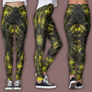 Legging Padrão Geométrico Abstrato   Preto e Amarelo