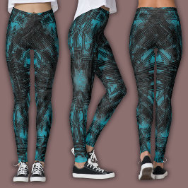 Legging Padrão Geométrico Abstrato | Preto e Azul Turquesa