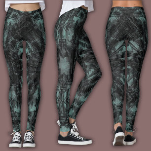 Legging Padrão Geométrico Abstrato Preto e Teal Suave