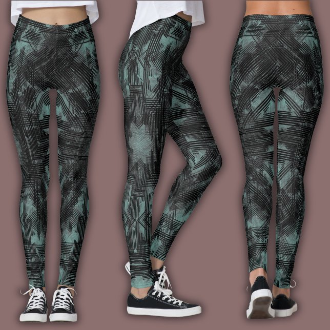 Legging Padrão Geométrico Abstrato | Preto e Teal Suave (Criador carregado)