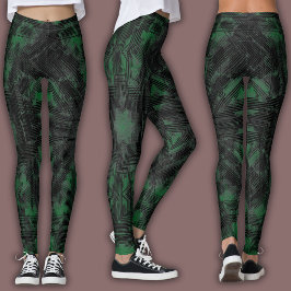 Legging Padrão Geométrico Abstrato | Preto e Verde Escuro