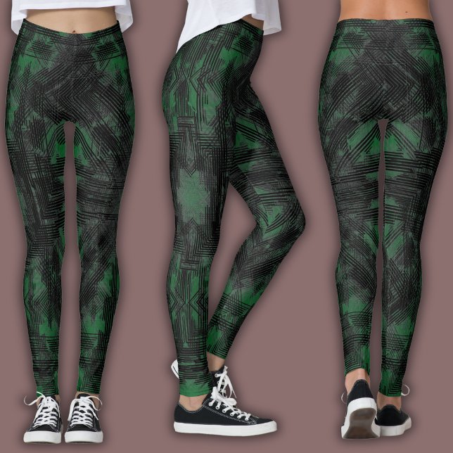 Legging Padrão Geométrico Abstrato | Preto e Verde Escuro (Criador carregado)