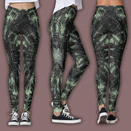 Legging Padrão Geométrico Abstrato | Preto e Verde-Menta