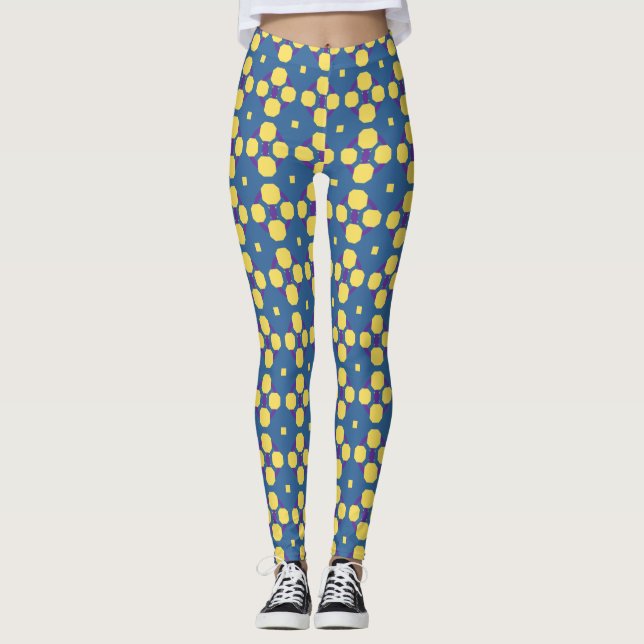 Legging Padrão Geométrico Amarelo abstrato em Azul (Frente)