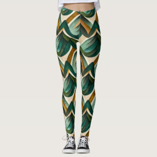 Legging Padrão Geométrico Art Déco em Azul Turquesa e Dour
