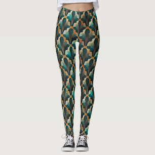 Legging Padrão Geométrico Art Deco em Verde Água e Dourado