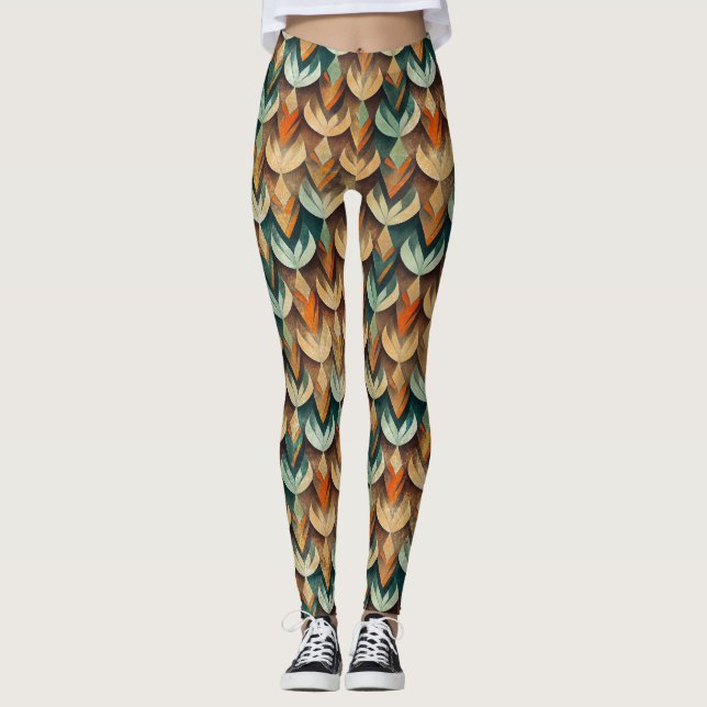 Legging Padrão Geométrico Art Deco em Verde Água e Dourado (Frente)
