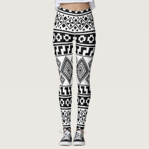 Legging Padrão Geométrico Branco Negro Tribal Aztec Boho