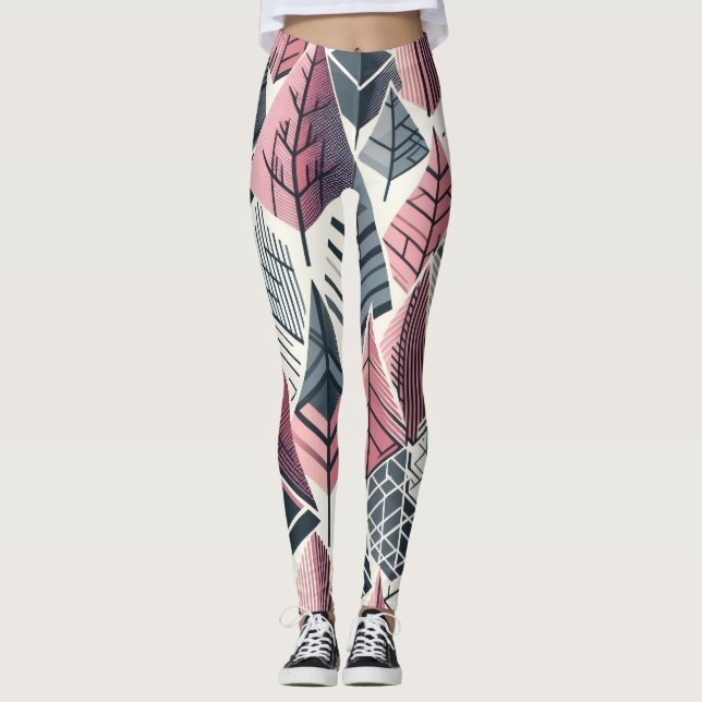 Legging Padrão Geométrico de Árvores Cinza Rosa Atômico (Frente)