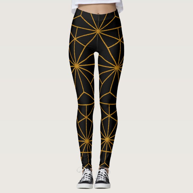 Legging Padrão geométrico de deco de arte preta e dourada (Frente)
