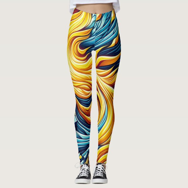 Legging Padrão Geométrico de Gelo de Fogo Amarelo Fluindo (Frente)