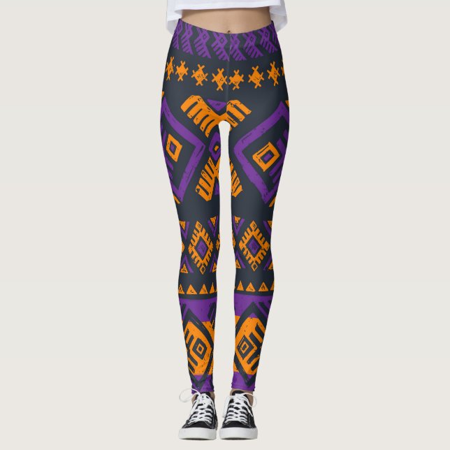Legging Padrão geométrico de laranja, violeta e tribal sem (Frente)