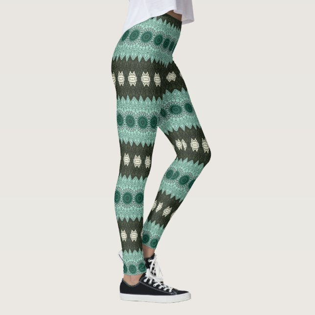 Legging Padrão Geométrico de Mandala Teal e Verde (Direita)