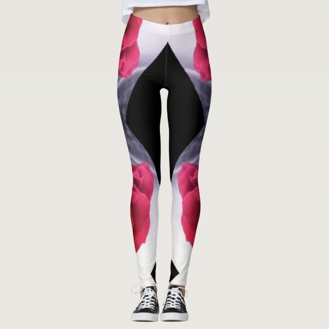 Legging Padrão Geométrico de rosas vermelhas e Ouros Negro (Frente)