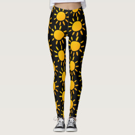 Legging Padrão Geométrico de Sol de Verão Preto e Amarelo