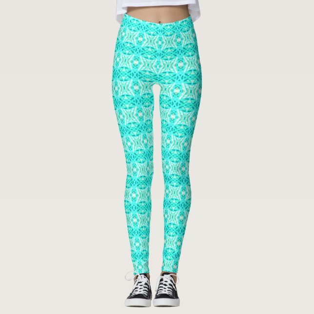 Legging Padrão Geométrico do Azulejo Branco Turquesa Verde (Frente)
