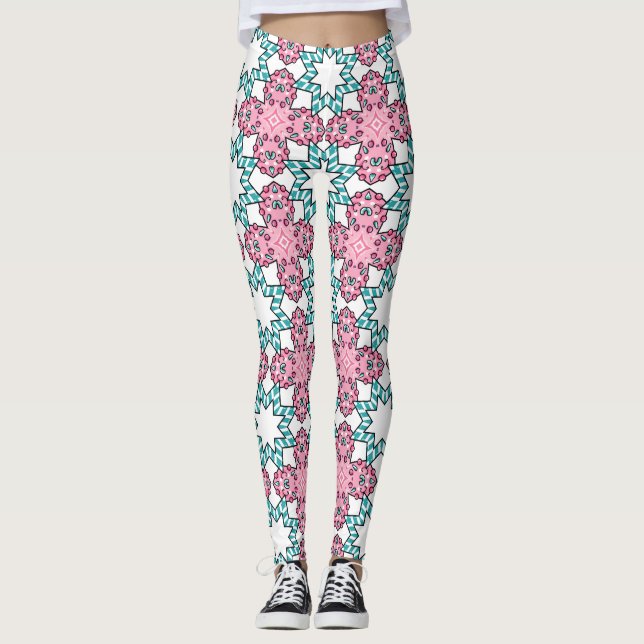Legging Padrão Geométrico Estrela Explosão Rosa Turquesa (Frente)