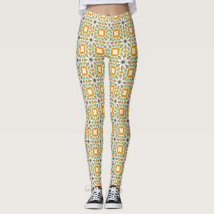 Legging Padrão Geométrico Floral de Laranja Vintage e Hort