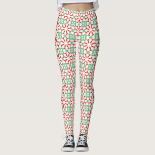 Legging Padrão Geométrico Floral Verde Mint Vermelho Retro