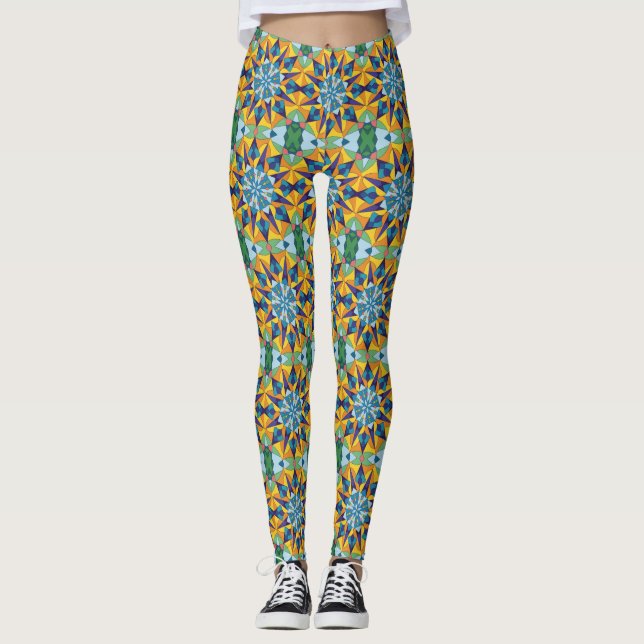 Legging Padrão geométrico fractal azul e amarelo (Frente)