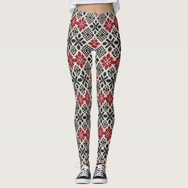 Legging Padrão Geométrico Keffiyeh Folk Preto Vermelho (Frente)