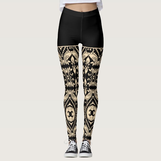 Legging Padrão geométrico preto e bege (Frente)