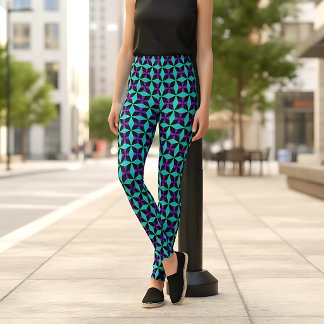 Legging Padrão Geométrico Preto e Roxo Teal Caleidoscópio
