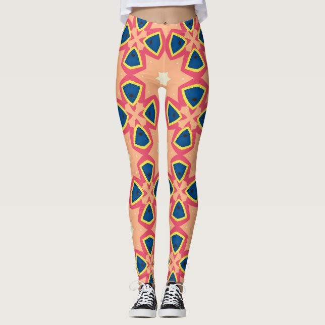 Legging Padrão Geométrico Retrô Rosa Azul (Frente)