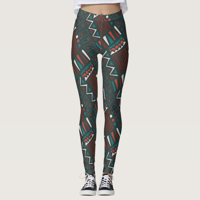 Legging Padrão Geométrico Tribal Negrito em Vermelho, Teal (Frente)