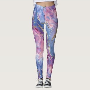Legging Padrão Giratório de Efeito Mármore Rosa e Azul