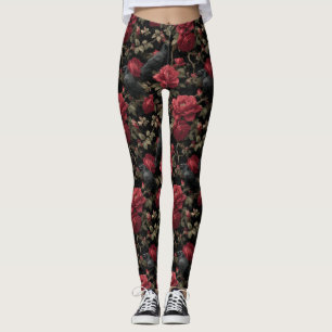 Legging Padrão Gótico com Rosas vermelhas e Corvos