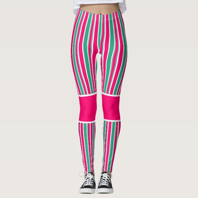 Legging Padrão horizontal listrado vermelho-verde (Frente)