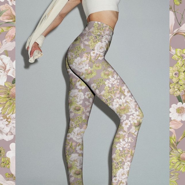 Legging Padrão Inverso Verde bonito Elegante (Pretty elegant light green neutral floral pattern printed leggings for yoga, fitness, filates, etc.)