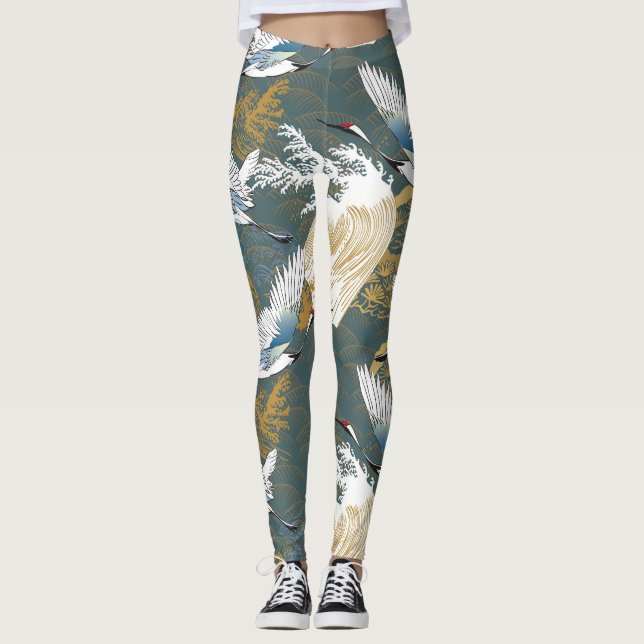 Legging Padrão Japonês De Vintage Crane Birds (Frente)