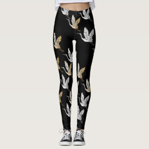 Legging Padrão Japonês Dourado Crane de Prata Negra