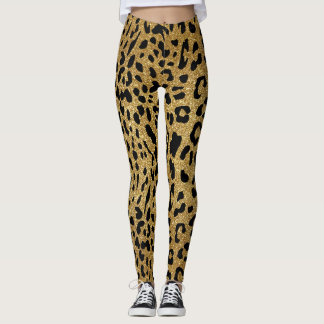 Legging Padrão-Leopardo Suave Glitter Dourado