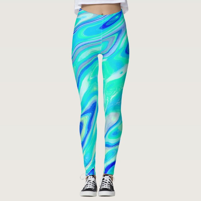 Legging Padrão Líquido de Abstrato de Textura Azul Aqua (Frente)