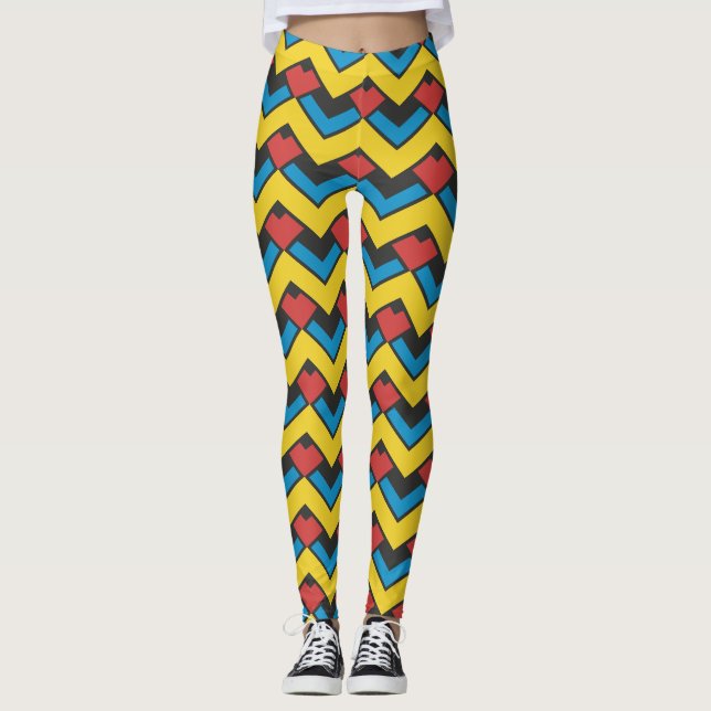 Legging Padrão Mínimo Azul Amarelo Chevron (Frente)