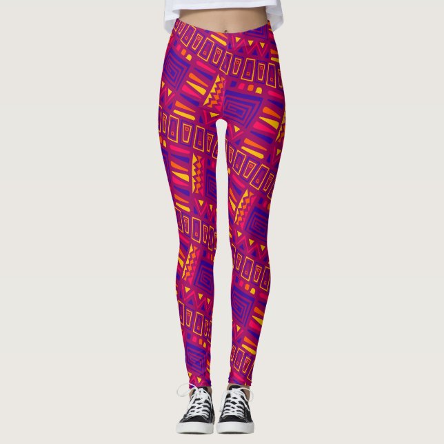 Legging Padrão Mínimo Azul Cor-de-Rosa Tribal (Frente)
