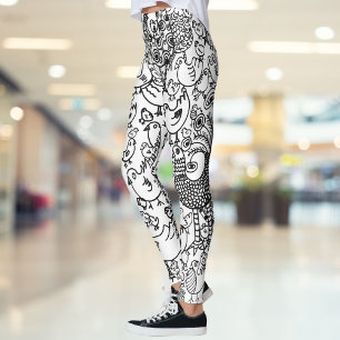Legging Padrão Moderno de Aves em Preto e Branco Divertido