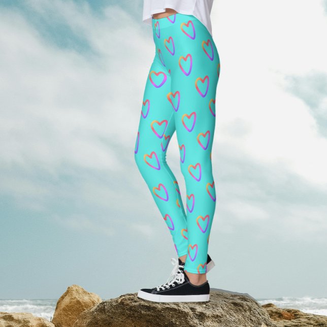 Legging Padrão Moderno de Corações em Arco-Íris Turquesa F (Criador carregado)