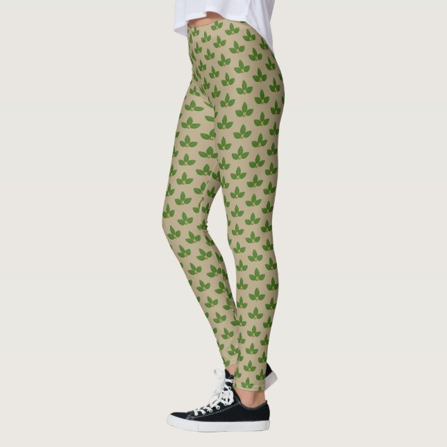 Legging Padrão Moderno de Folha de Louro Verde em Bege (Esquerda)
