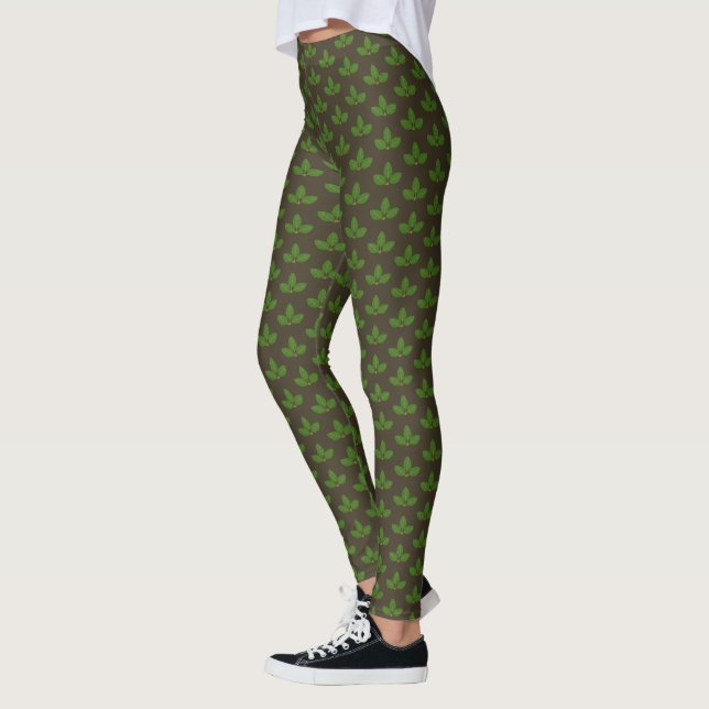 Legging Padrão Moderno de Folha de Louro Verde em Marrom (Esquerda)