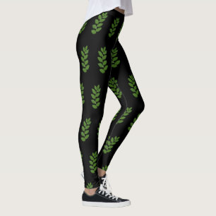 Legging Padrão Moderno de Folha de Louro Verde em Preto
