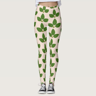 Legging Padrão Moderno de Folhas de Louro Verde em Marfim